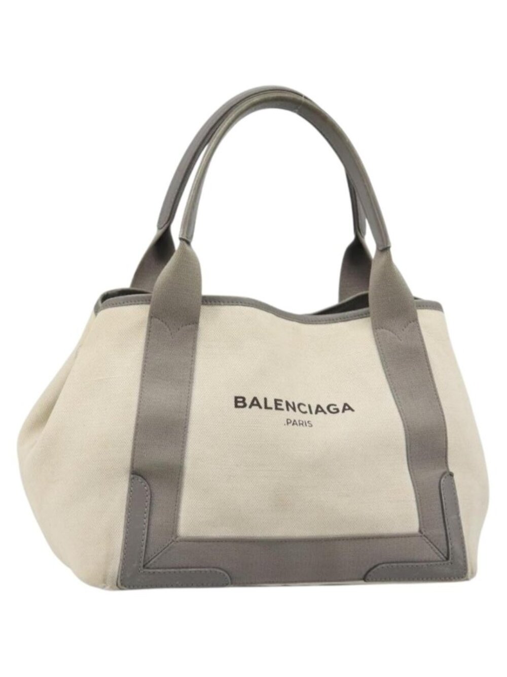 BALENCIAGA Navy Cabas S Tote Bag Canvas Leather White Silver 339933